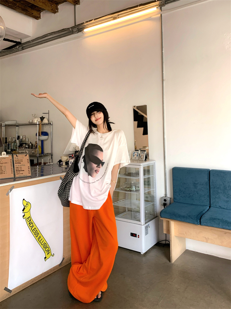 Jazz Dance Outfit with Personality Print Top and Orange Pants - K-Pop Style Square Dance Set for Girls