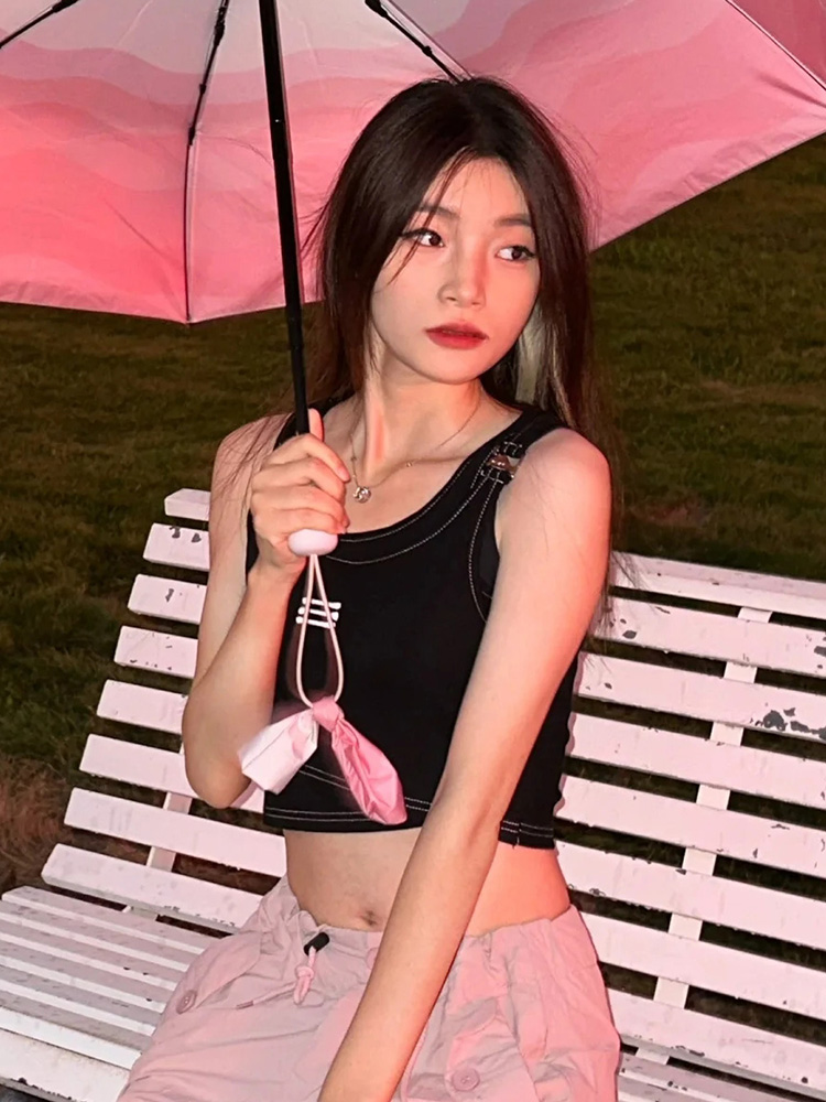 K-pop Inspired Girl Group Fake Two-Piece Jazz Dance Outfit - Black Camisole for Music Festival Performance Wear K-pop Inspired Girl Group Fake Two-Piece Jazz Dance Outfit - Black Camisole for Music Festival Performance Wear