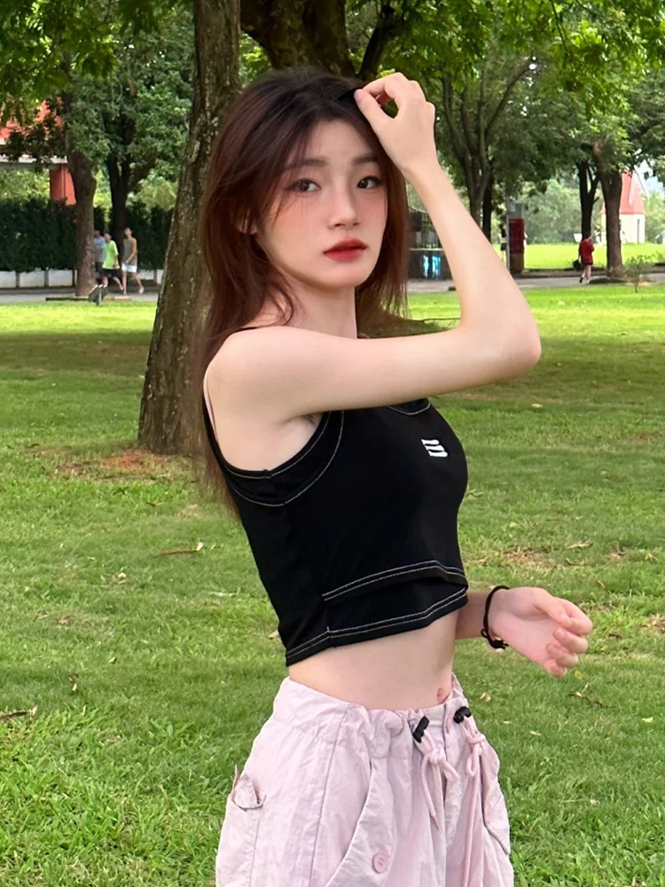 K-pop Inspired Girl Group Fake Two-Piece Jazz Dance Outfit - Black Camisole for Music Festival Performance Wear K-pop Inspired Girl Group Fake Two-Piece Jazz Dance Outfit - Black Camisole for Music Festival Performance Wear