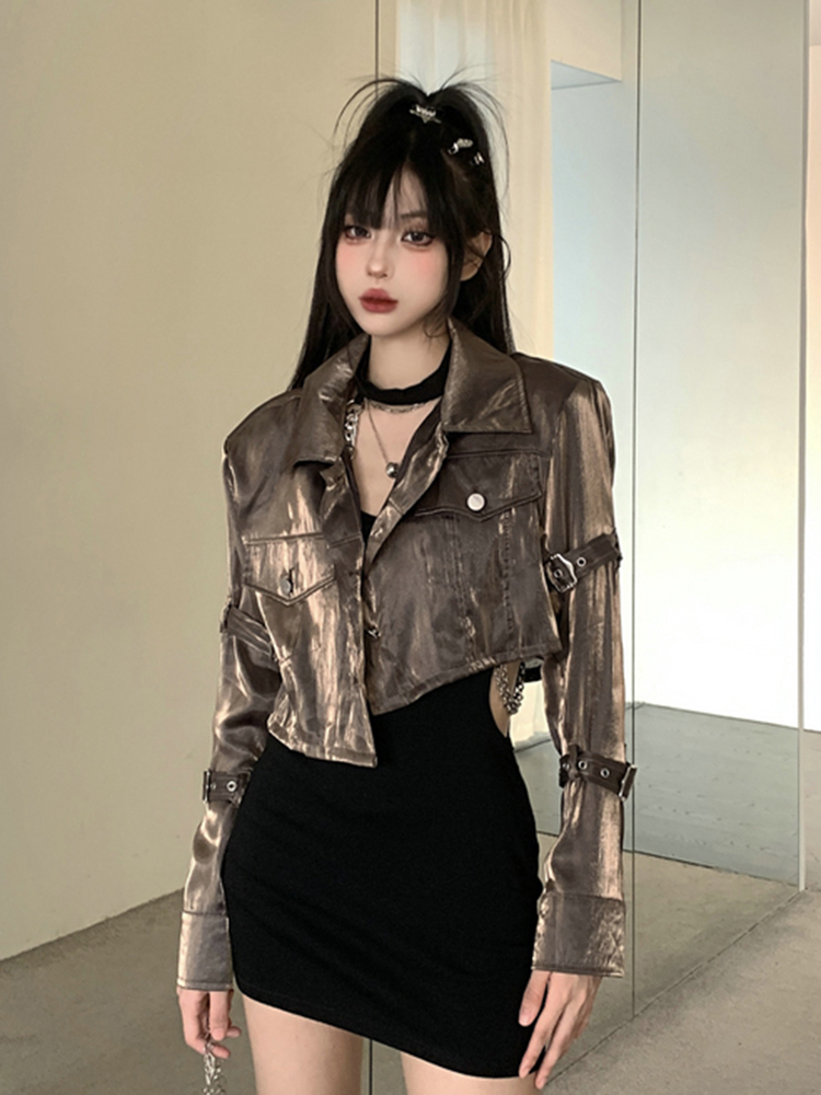K-pop Inspired Spicy Girl Short Jacket, Niche Jazz Dance Golden Top, American Style Performance Outfit for Women