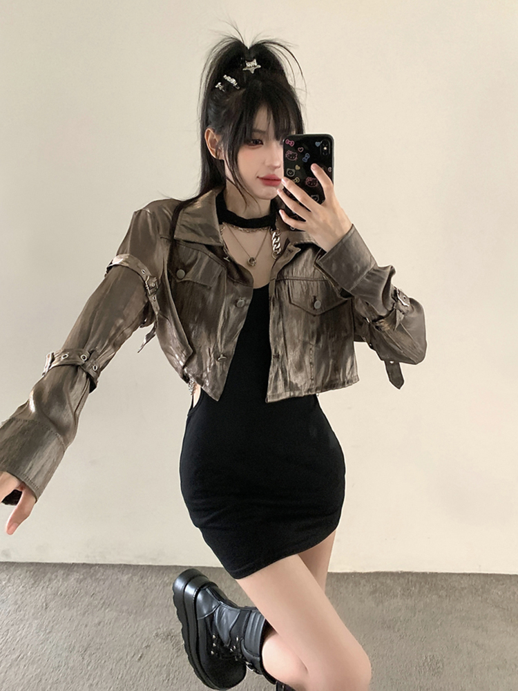 K-pop Inspired Spicy Girl Short Jacket, Niche Jazz Dance Golden Top, American Style Performance Outfit for Women K-pop Inspired Spicy Girl Short Jacket, Niche Jazz Dance Golden Top, American Style Performance Outfit for Women