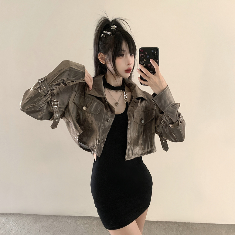 K-pop Inspired Spicy Girl Short Jacket, Niche Jazz Dance Golden Top, American Style Performance Outfit for Women K-pop Inspired Spicy Girl Short Jacket, Niche Jazz Dance Golden Top, American Style Performance Outfit for Women
