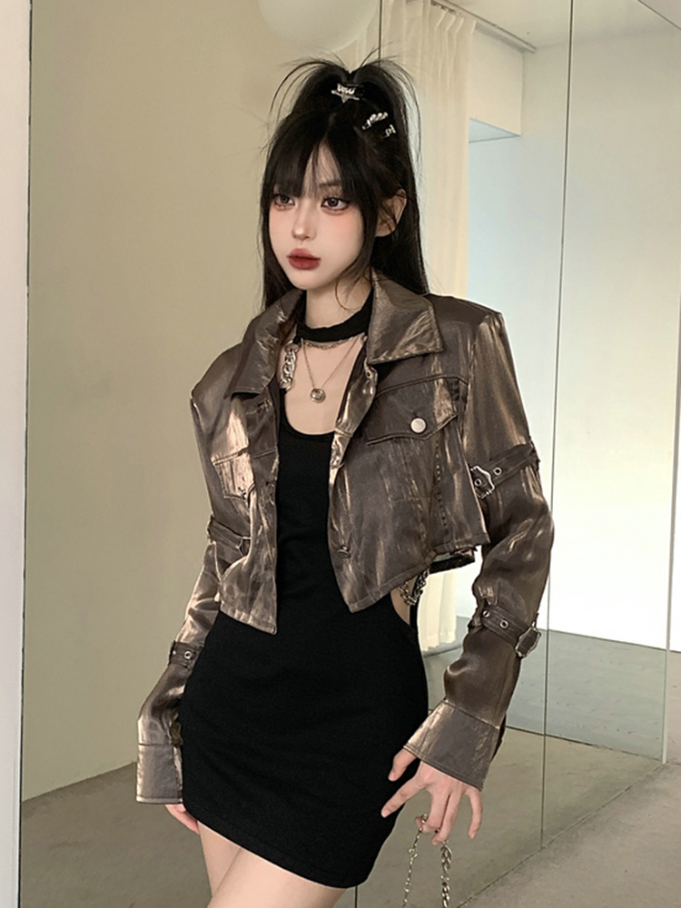 K-pop Inspired Spicy Girl Short Jacket, Niche Jazz Dance Golden Top, American Style Performance Outfit for Women K-pop Inspired Spicy Girl Short Jacket, Niche Jazz Dance Golden Top, American Style Performance Outfit for Women