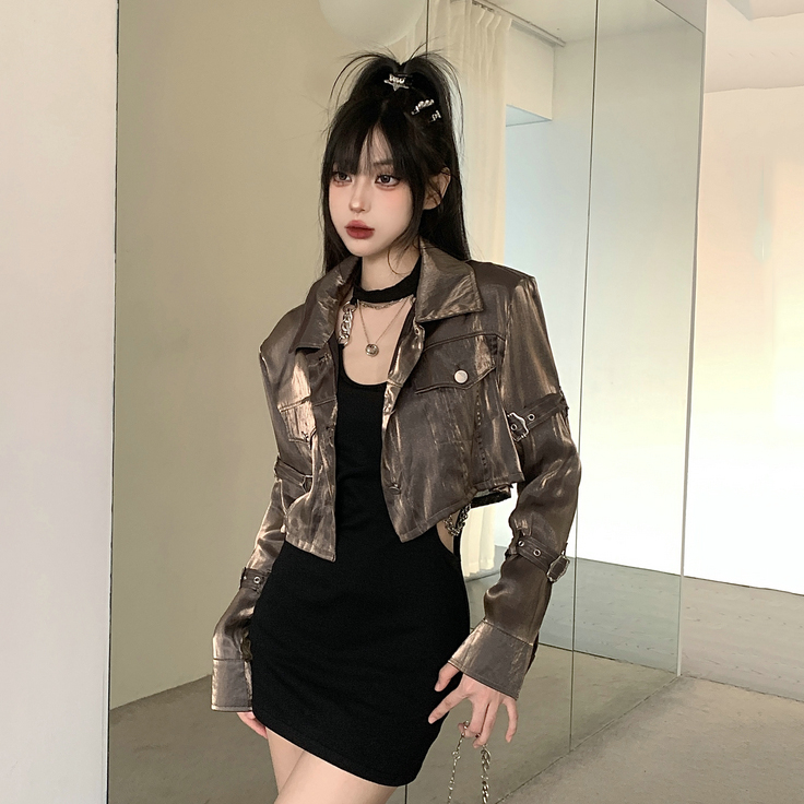 K-pop Inspired Spicy Girl Short Jacket, Niche Jazz Dance Golden Top, American Style Performance Outfit for Women