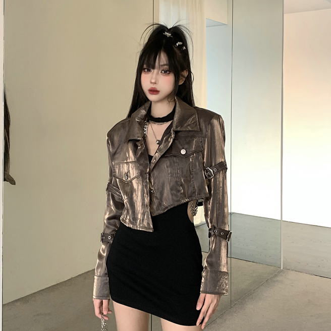 K-pop Inspired Spicy Girl Short Jacket, Niche Jazz Dance Golden Top, American Style Performance Outfit for Women K-pop Inspired Spicy Girl Short Jacket, Niche Jazz Dance Golden Top, American Style Performance Outfit for Women
