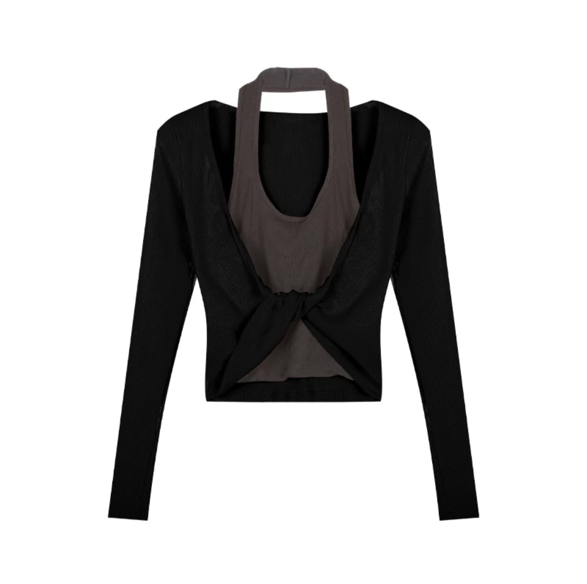 K-pop Inspired Sweet and Spicy Fake Two-Piece Halter Neck Twisted Long Sleeve Top with Elastic Waist Splicing for Girls K-pop Inspired Sweet and Spicy Fake Two-Piece Halter Neck Twisted Long Sleeve Top with Elastic Waist Splicing for Girls