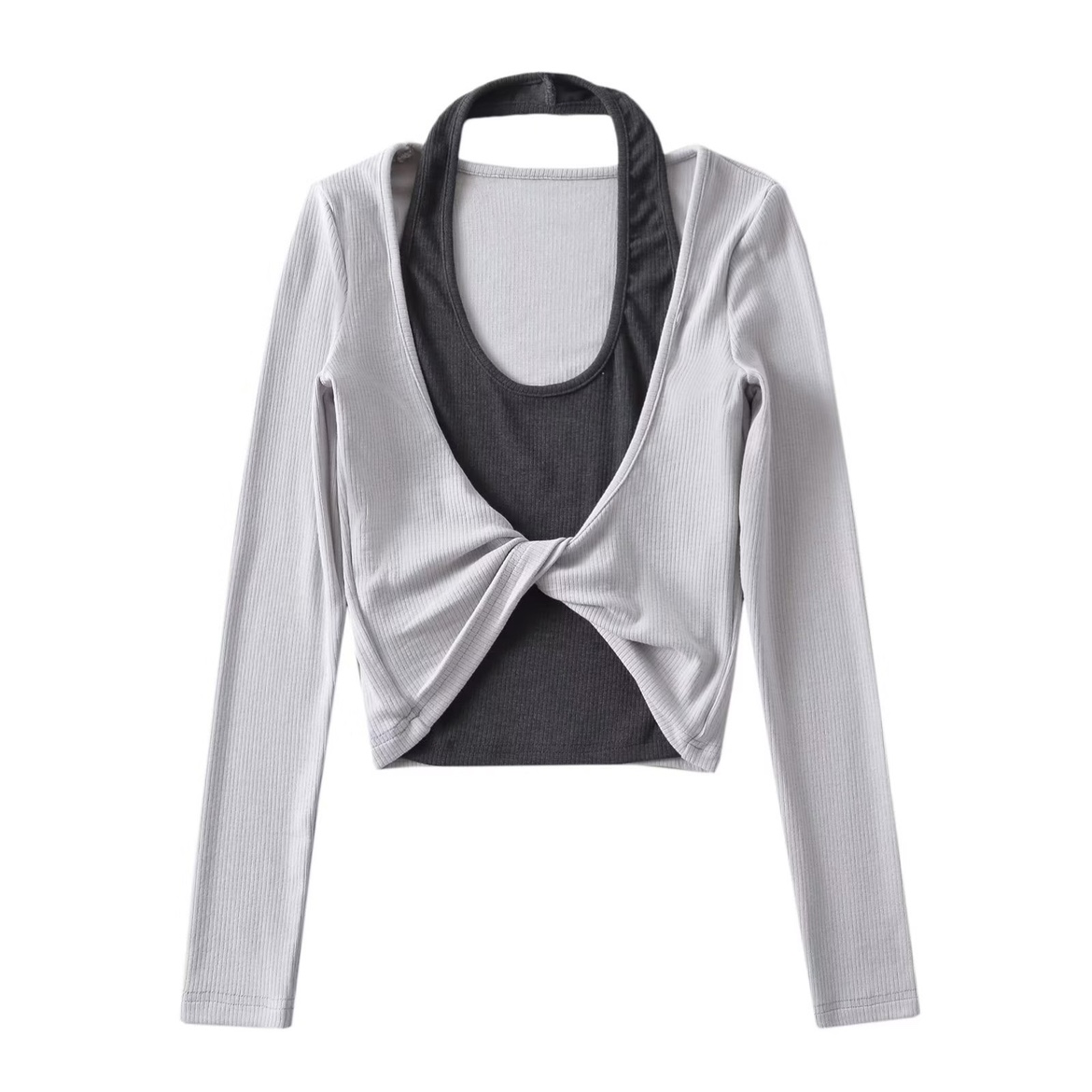 K-pop Inspired Sweet and Spicy Fake Two-Piece Halter Neck Twisted Long Sleeve Top with Elastic Waist Splicing for Girls K-pop Inspired Sweet and Spicy Fake Two-Piece Halter Neck Twisted Long Sleeve Top with Elastic Waist Splicing for Girls