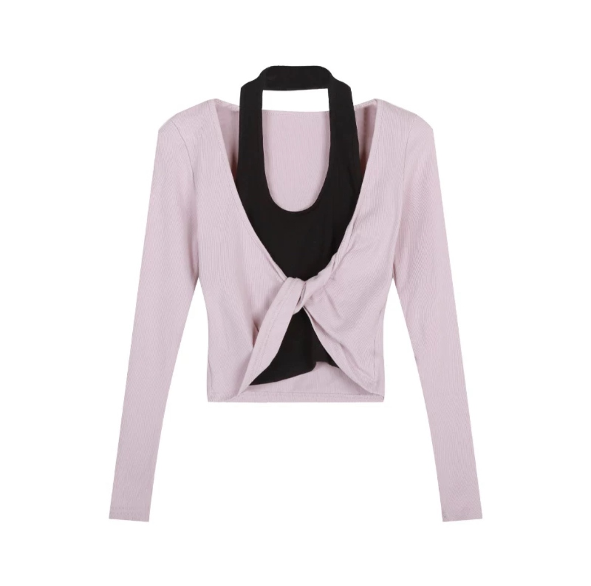 K-pop Inspired Sweet and Spicy Fake Two-Piece Halter Neck Twisted Long Sleeve Top with Elastic Waist Splicing for Girls K-pop Inspired Sweet and Spicy Fake Two-Piece Halter Neck Twisted Long Sleeve Top with Elastic Waist Splicing for Girls