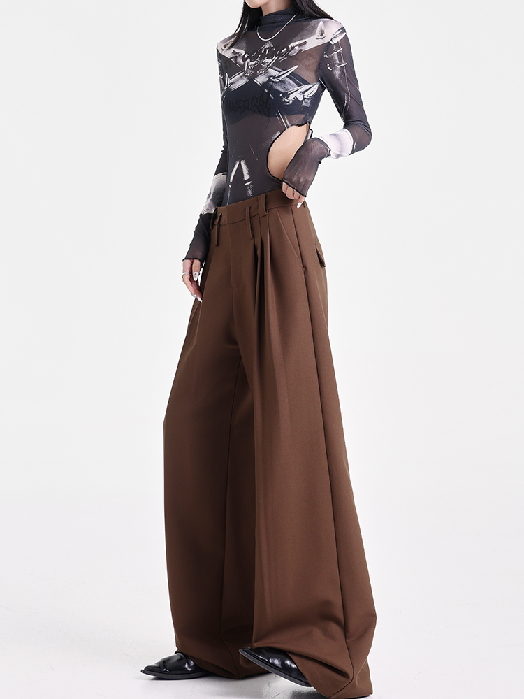 Khaki Pleated Design Suit Pants for Women - Draped Floor-Length Casual Style for Early Autumn Fashion Khaki Pleated Design Suit Pants for Women - Draped Floor-Length Casual Style for Early Autumn Fashion