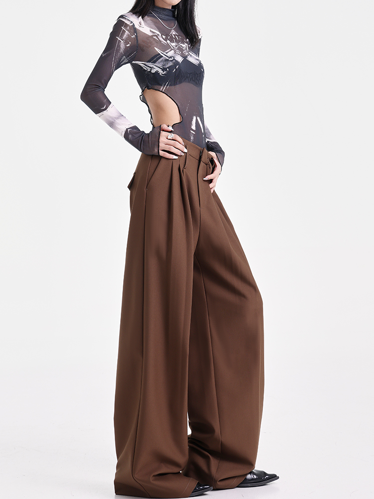 Khaki Pleated Design Suit Pants for Women - Draped Floor-Length Casual Style for Early Autumn Fashion