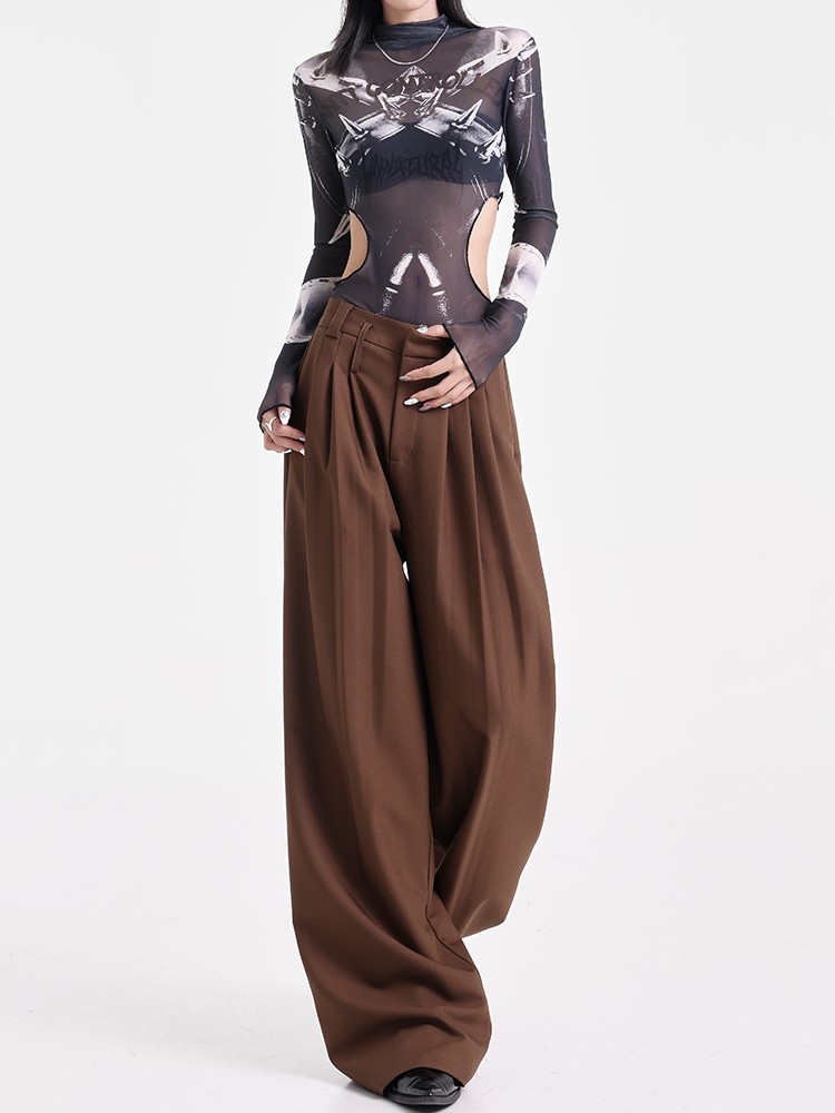 Khaki Pleated Design Suit Pants for Women - Draped Floor-Length Casual Style for Early Autumn Fashion Khaki Pleated Design Suit Pants for Women - Draped Floor-Length Casual Style for Early Autumn Fashion