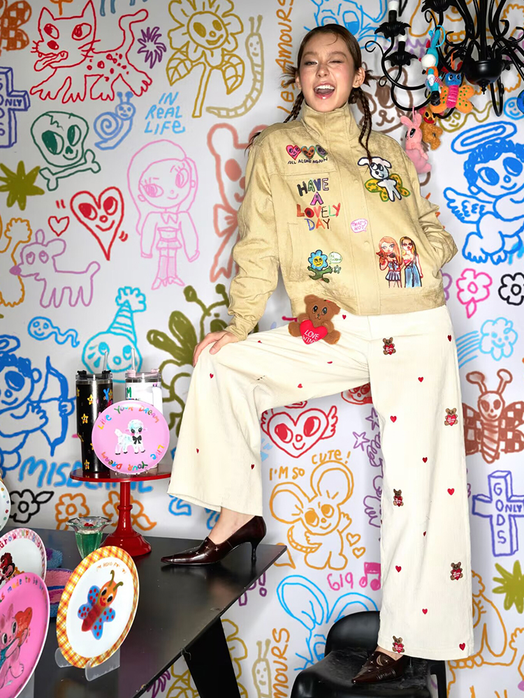 Khaki Washed Print Jacket for Artists - Trendy Streetwear Outerwear, Perfect for 90s and Y2K Inspired Fashion