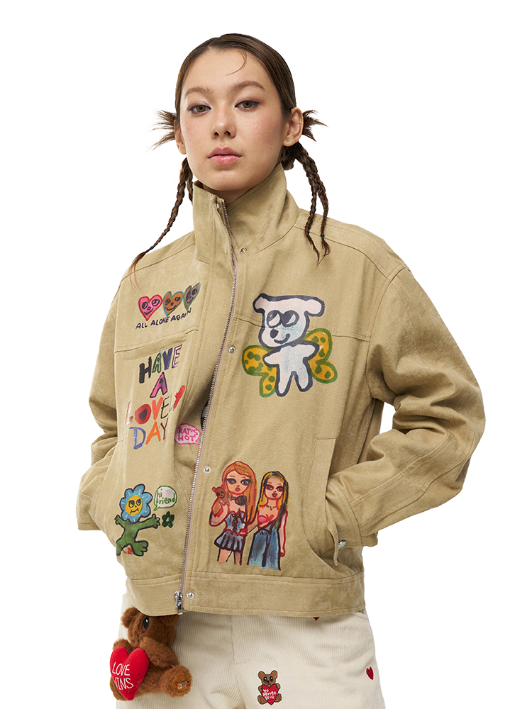 Khaki Washed Print Jacket for Artists - Trendy Streetwear Outerwear, Perfect for 90s and Y2K Inspired Fashion Khaki Washed Print Jacket for Artists - Trendy Streetwear Outerwear, Perfect for 90s and Y2K Inspired Fashion