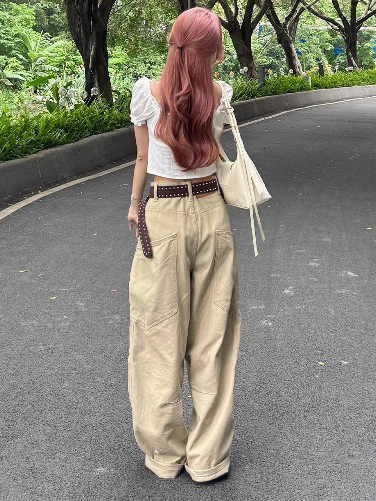 Khaki Wide-Leg Denim Pants for Women - Large Pocket, Curved Blade Design, American Style, Summer Workwear Khaki Wide-Leg Denim Pants for Women - Large Pocket, Curved Blade Design, American Style, Summer Workwear