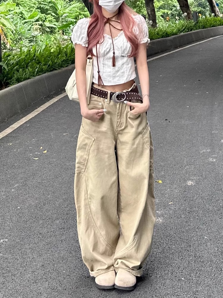 Khaki Wide-Leg Denim Pants for Women - Large Pocket, Curved Blade Design, American Style, Summer Workwear