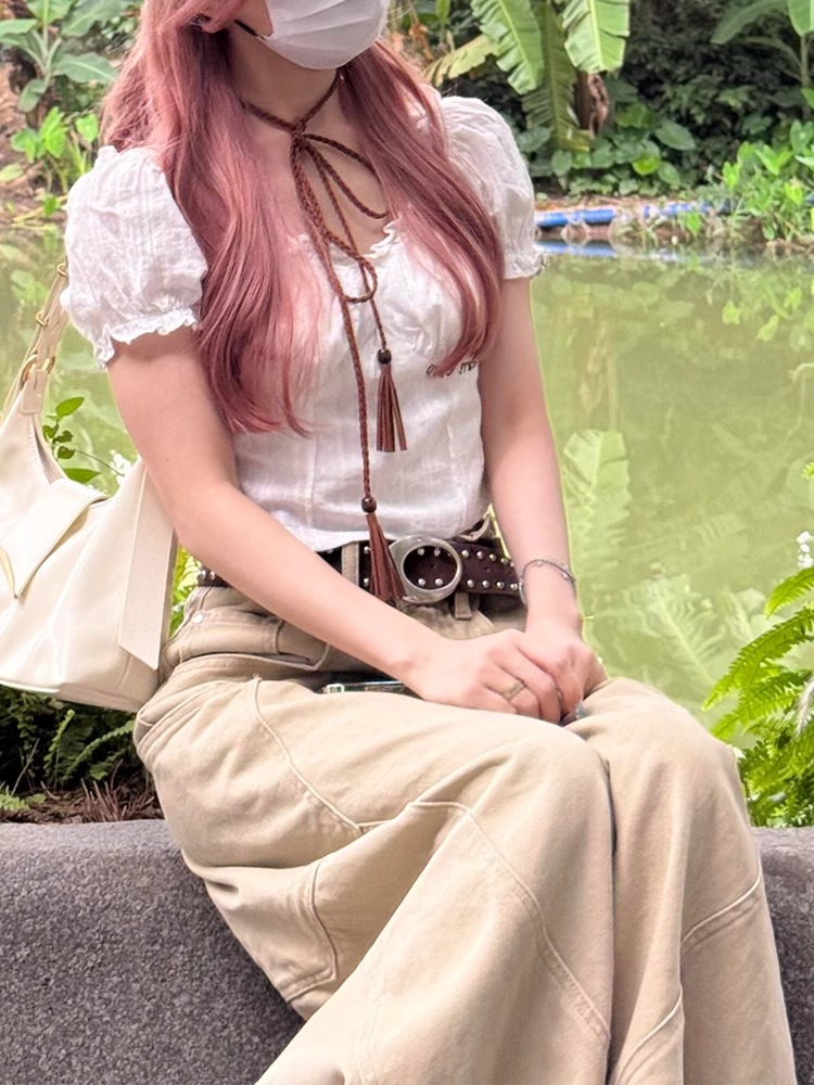 Khaki Wide-Leg Denim Pants for Women - Large Pocket, Curved Blade Design, American Style, Summer Workwear Khaki Wide-Leg Denim Pants for Women - Large Pocket, Curved Blade Design, American Style, Summer Workwear