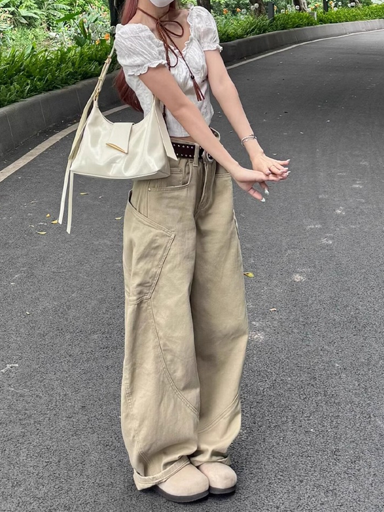 Khaki Wide-Leg Denim Pants for Women - Large Pocket, Curved Blade Design, American Style, Summer Workwear