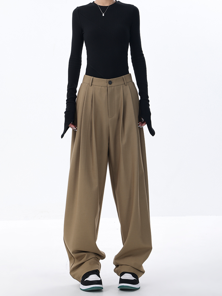 Khaki Wide-Leg Suit Pants for Women - Casual Straight-Leg Trousers for Spring Summer 2025 - Trendy Office and Everyday Style