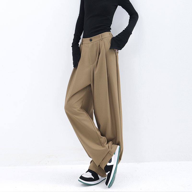 Khaki Wide-Leg Suit Pants for Women - Casual Straight-Leg Trousers for Spring Summer 2025 - Trendy Office and Everyday Style
