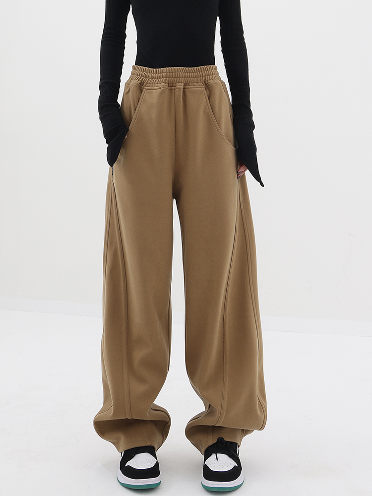 Khaki Woolen Wide-Leg Sweatpants for Women, Thickened Autumn Winter Banana Style Casual Sports Pants