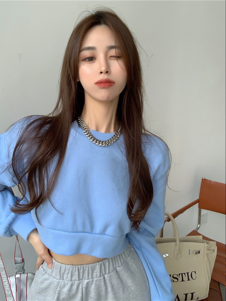 Klein Blue Hip-Hop Style Hoodless Sweatshirt for Women, Loose Fit Jazz Dance Top, Trendy Autumn Fashion, Instagram Ready