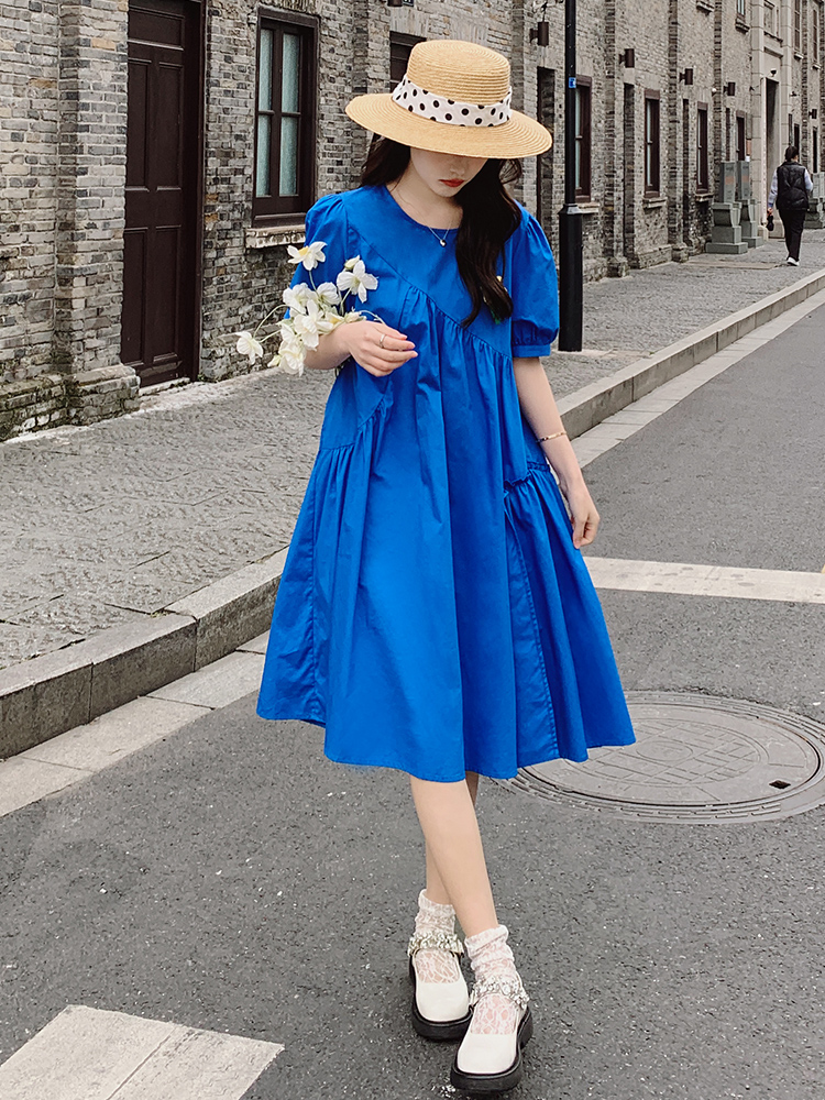 Klein Blue Summer Dress for Women - Loose-Fitting, High-End Doll Style, Age-Reducing, Trendy and Popular Fashion Must-Have