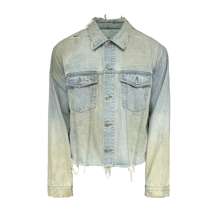 Knife-Cut Distressed Mud-Dyed Denim Jacket, Washed Aged Short Wide Fit - Vintage 90s Style Outerwear