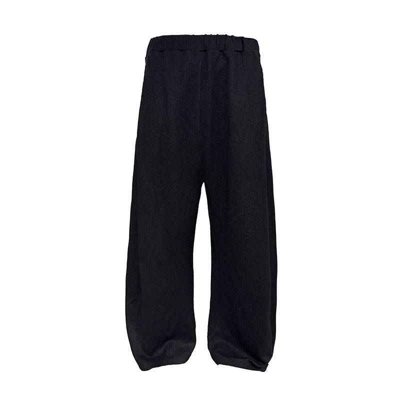 Knitted Low-Crotch Herringbone Texture Black Casual Pants - Long Straight Loose Fit for Effortless Style