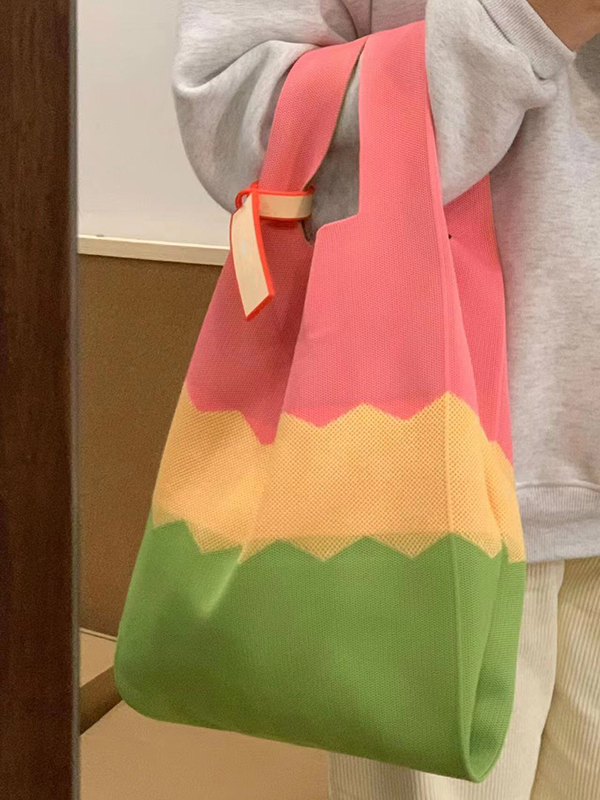 Knitted Rainbow Tote Bag - Three-Color Large Capacity Fashion Bag for Spring/Summer 2025 - Trendy and Stylish Accessory Knitted Rainbow Tote Bag - Three-Color Large Capacity Fashion Bag for Spring/Summer 2025 - Trendy and Stylish Accessory