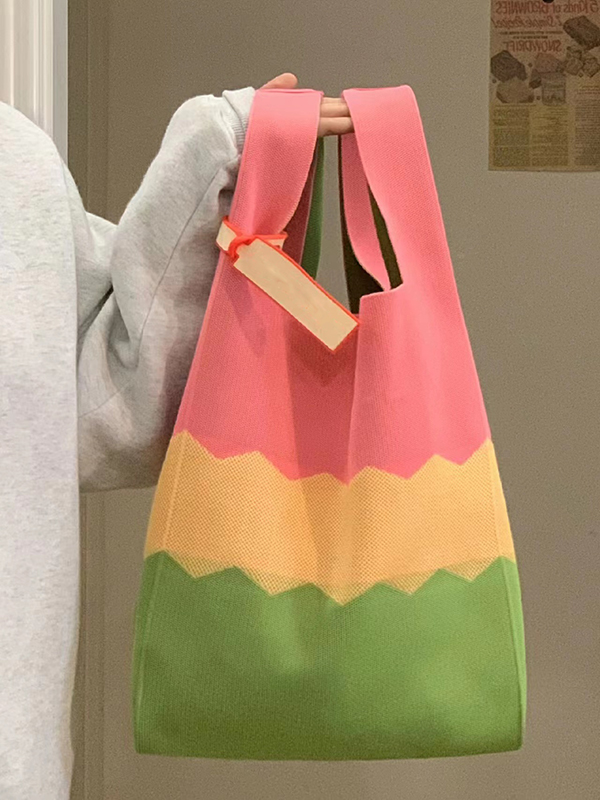 Knitted Rainbow Tote Bag - Three-Color Large Capacity Fashion Bag for Spring/Summer 2025 - Trendy and Stylish Accessory
