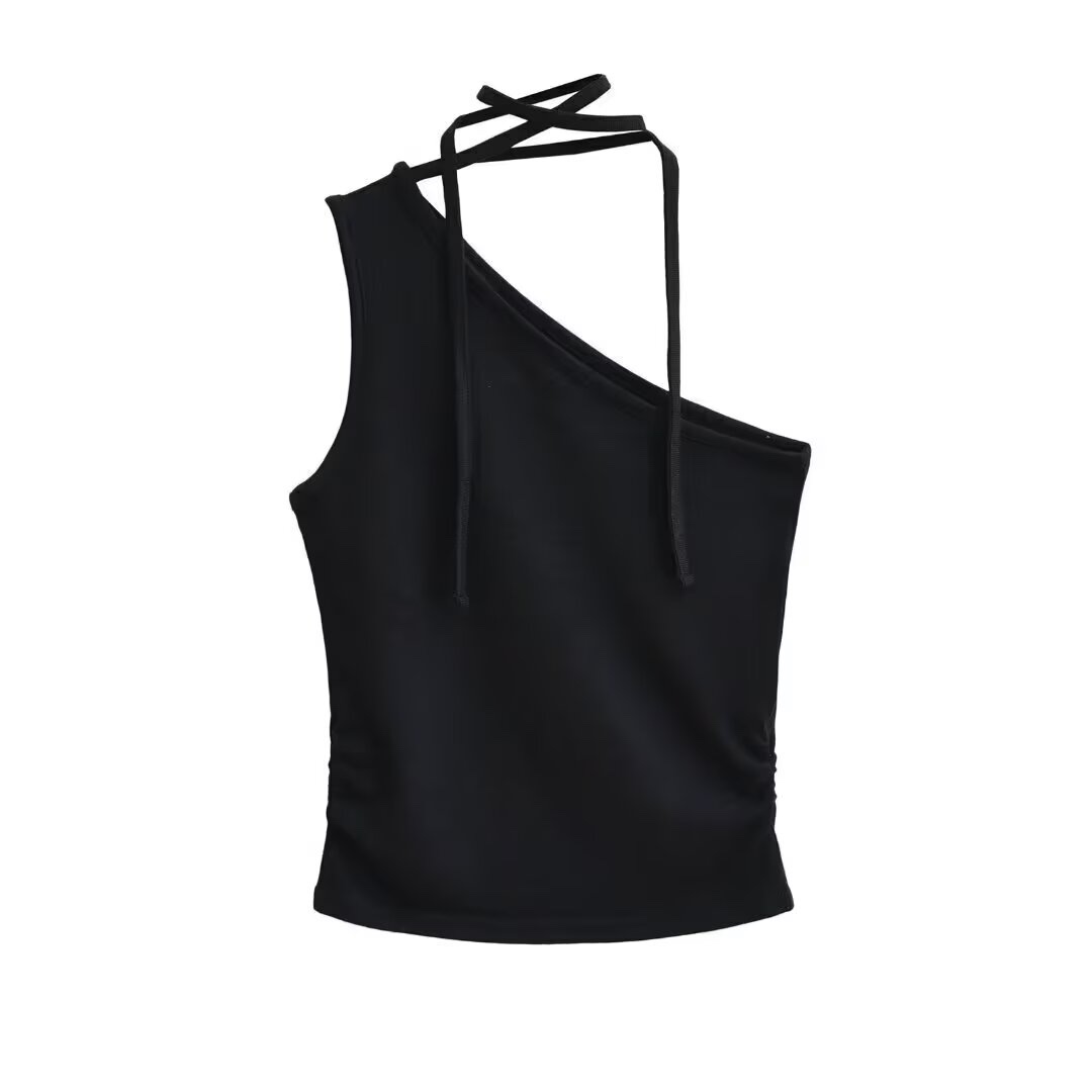 Korean Dance Jazz Slim-Fit Halter Asymmetrical Sleeveless Crop Top - Women's Off-Shoulder K-Pop Street Style Fashion Korean Dance Jazz Slim-Fit Halter Asymmetrical Sleeveless Crop Top - Women's Off-Shoulder K-Pop Street Style Fashion