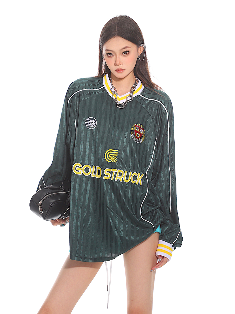 Korean Designer Striped Color-Blocking Retro Jersey Long Sleeve T-Shirt for Women - Autumn Sports Top