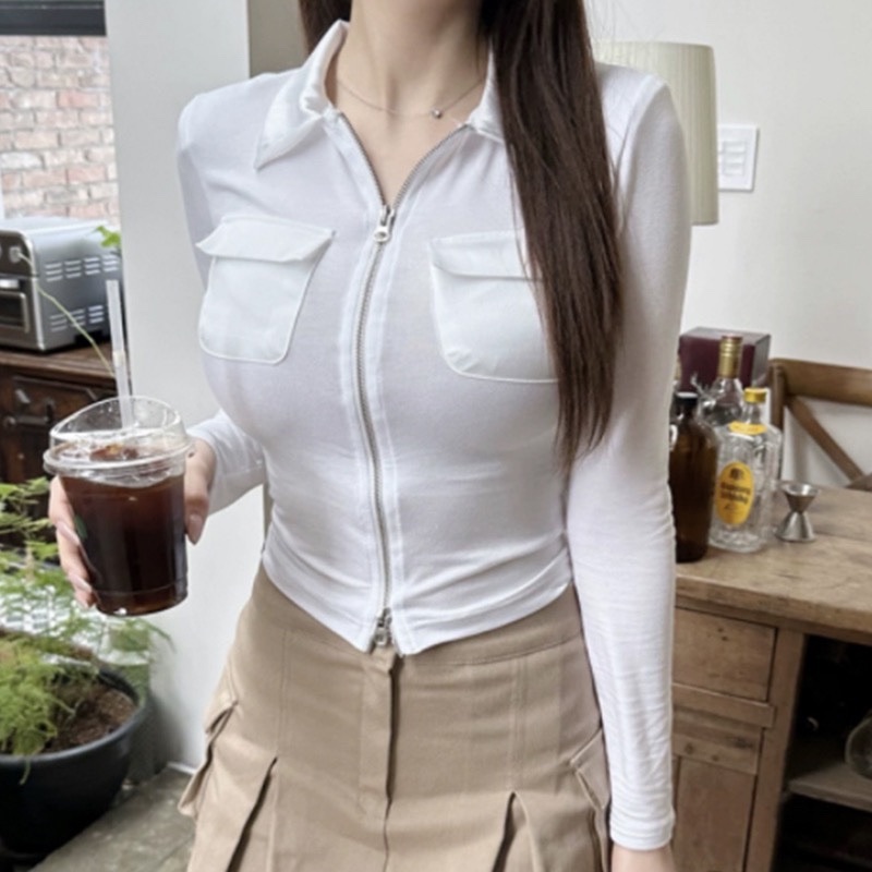 Korean Dongdaemun Double-Pocket Slim-Fit Zip-Up Short Jacket - Versatile Trendy Top for Women Korean Dongdaemun Double-Pocket Slim-Fit Zip-Up Short Jacket - Versatile Trendy Top for Women