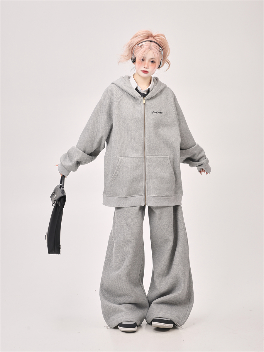 Korean Drama Style Milk Gray Fleece Sports Suit for Women - Hooded Sweatshirt & Wide-Leg Casual Pants