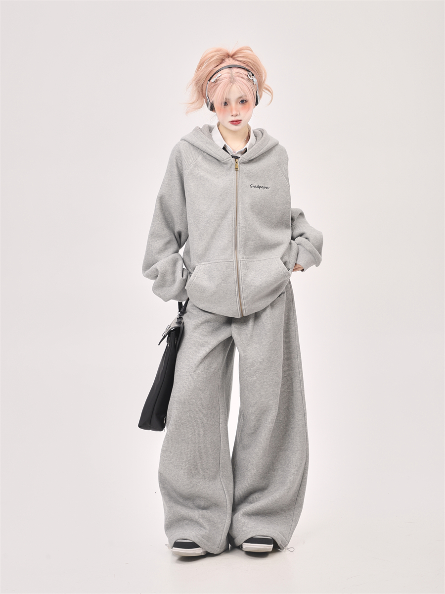 Korean Drama Style Milk Gray Fleece Sports Suit for Women - Hooded Sweatshirt & Wide-Leg Casual Pants