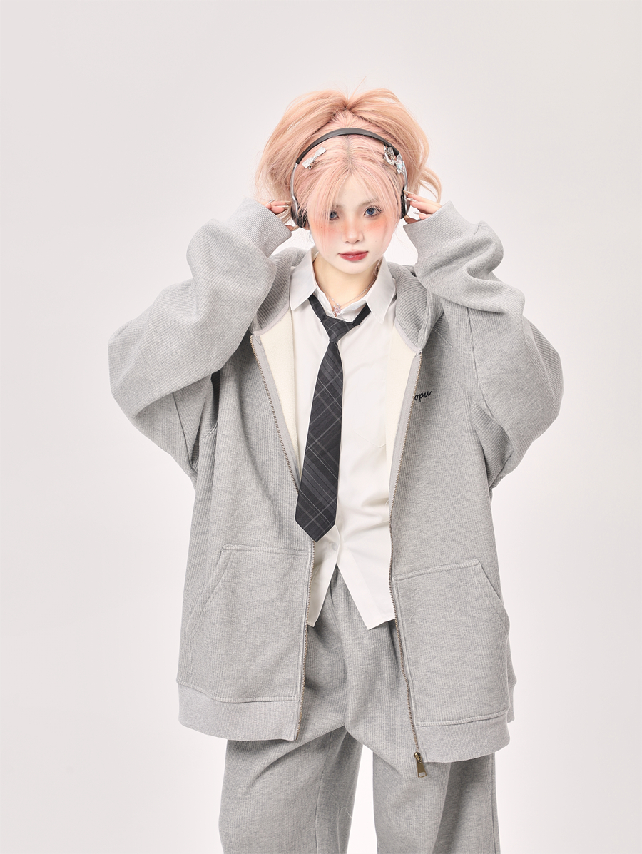 Korean Drama Style Milk Gray Fleece Sports Suit for Women - Hooded Sweatshirt & Wide-Leg Casual Pants Korean Drama Style Milk Gray Fleece Sports Suit for Women - Hooded Sweatshirt & Wide-Leg Casual Pants