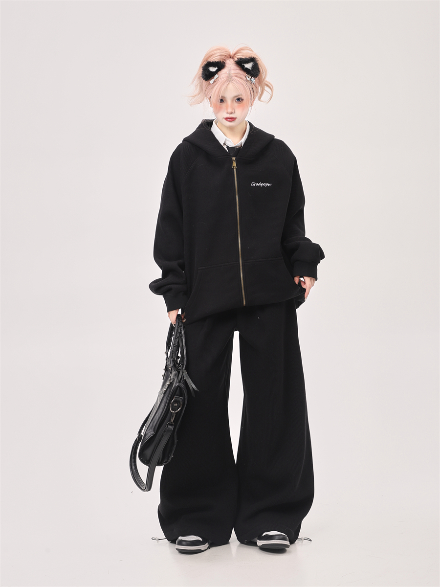 Korean Drama Style Milk Gray Fleece Sports Suit for Women - Hooded Sweatshirt & Wide-Leg Casual Pants Korean Drama Style Milk Gray Fleece Sports Suit for Women - Hooded Sweatshirt & Wide-Leg Casual Pants