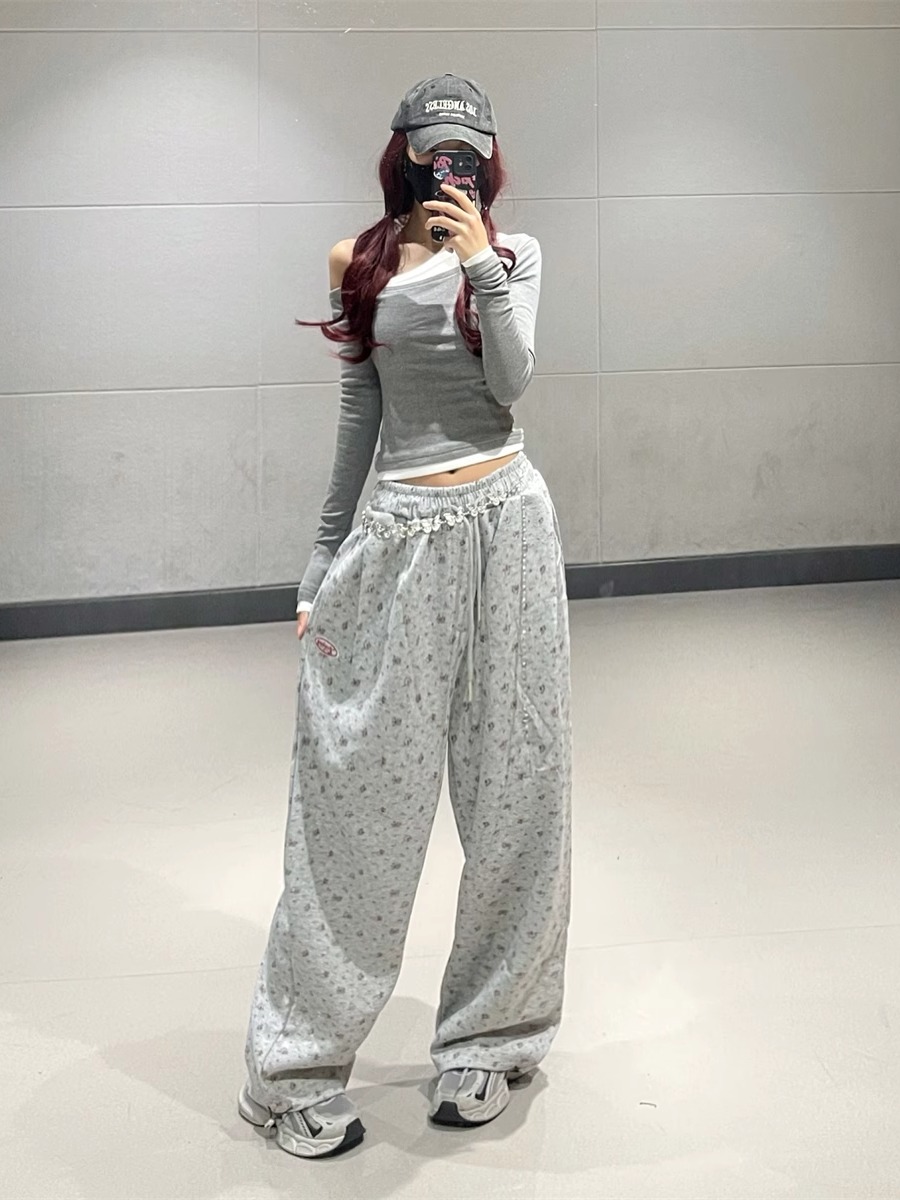Korean Light Gray Floral Sports Pants for Women - Autumn Winter Loose Straight Casual Sweatpants for Jazz Dance