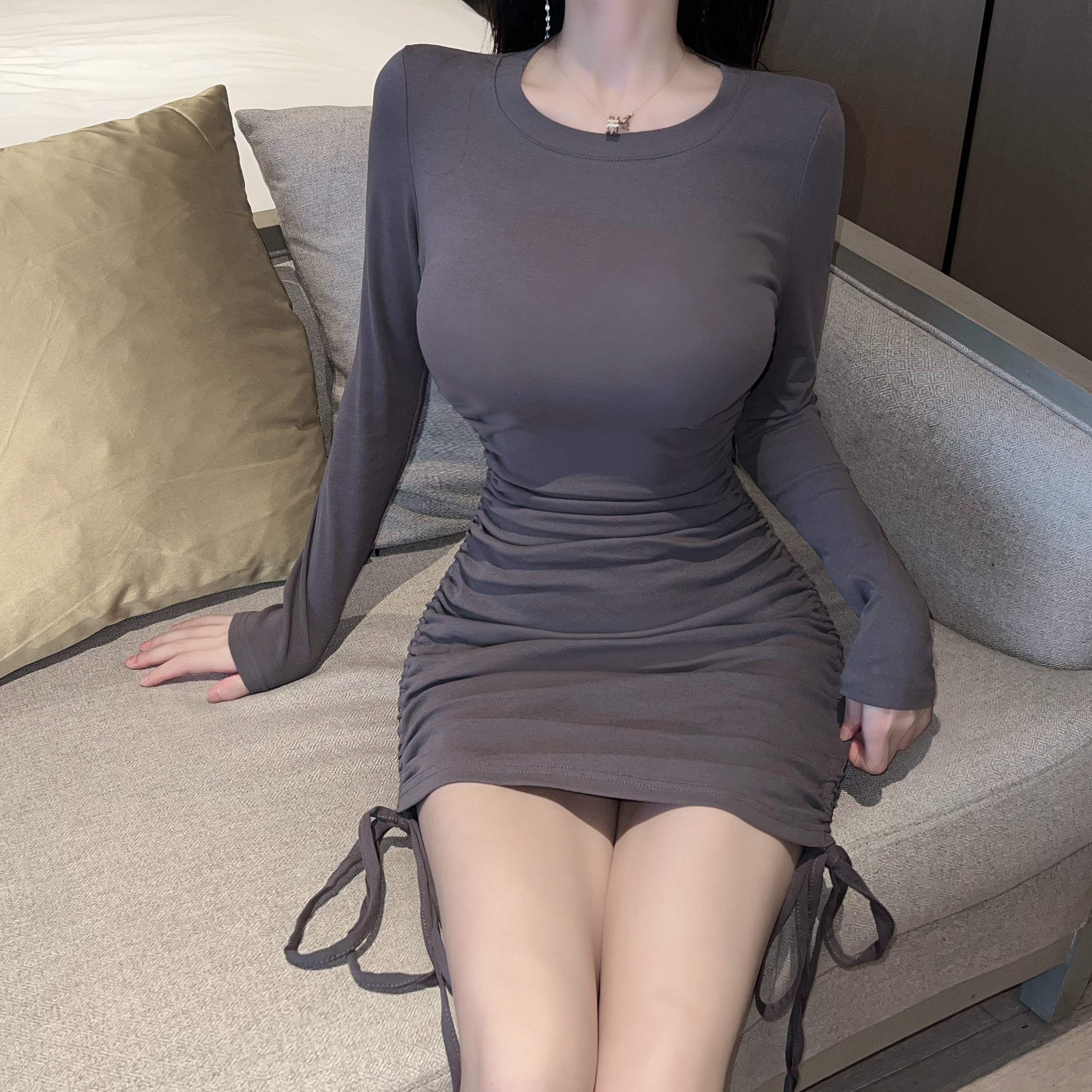 Korean Sexy Chest-Revealing Bodycon Dress with Long Sleeves, Waist-Cinching Drawstring, Perfect for Nightclub and Spring Fashion