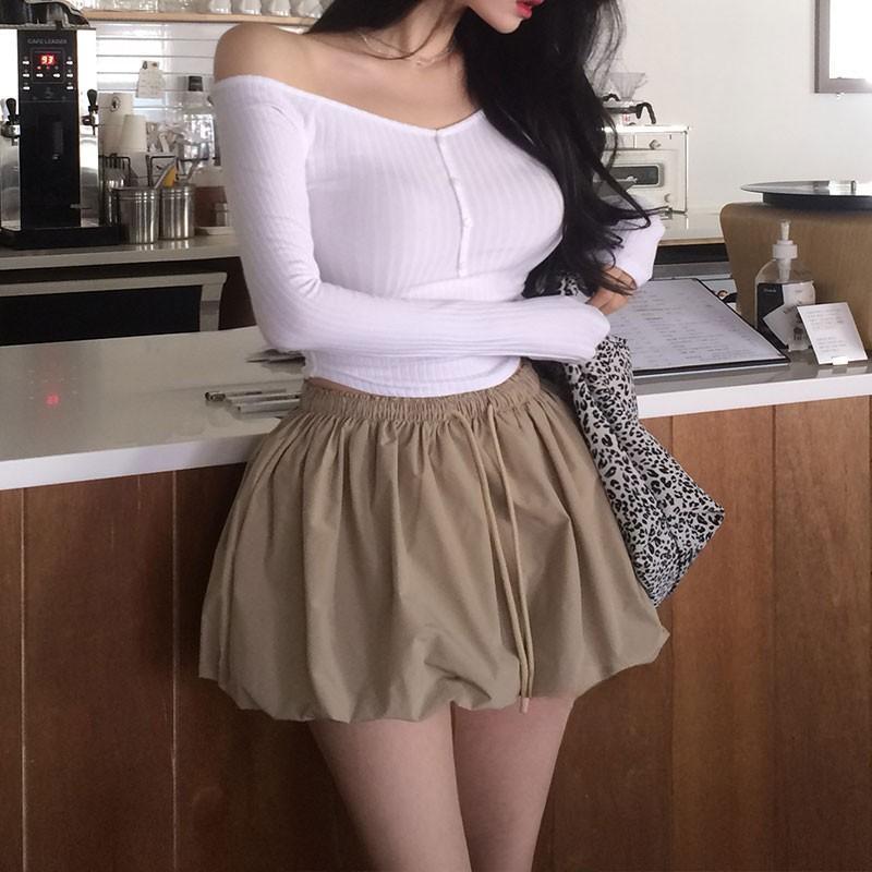 Korean Sexy Off-Shoulder V-Neck Pink Long Sleeve T-Shirt for Women - Flattering Fit, Versatile Spring/Summer Top