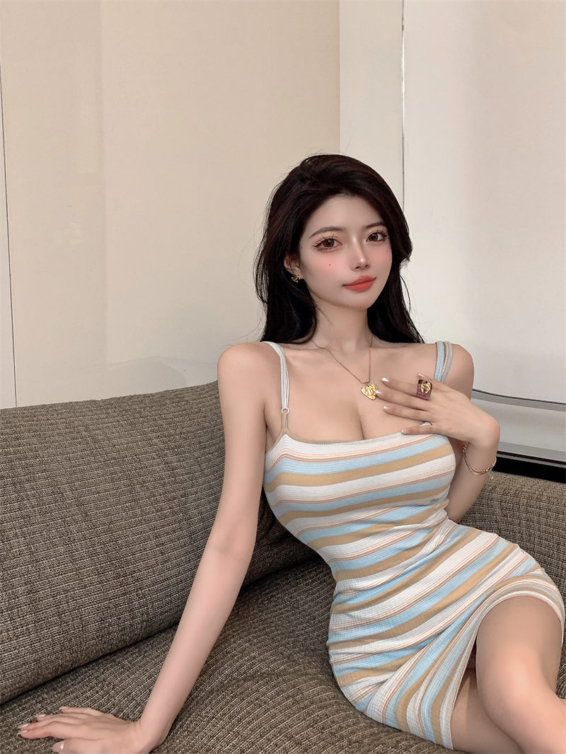 Korean Sexy Tight-Fitting Square Neck Rainbow Striped Bodycon Mini Dress with Low-Cut Spaghetti Straps for Summer Korean Sexy Tight-Fitting Square Neck Rainbow Striped Bodycon Mini Dress with Low-Cut Spaghetti Straps for Summer