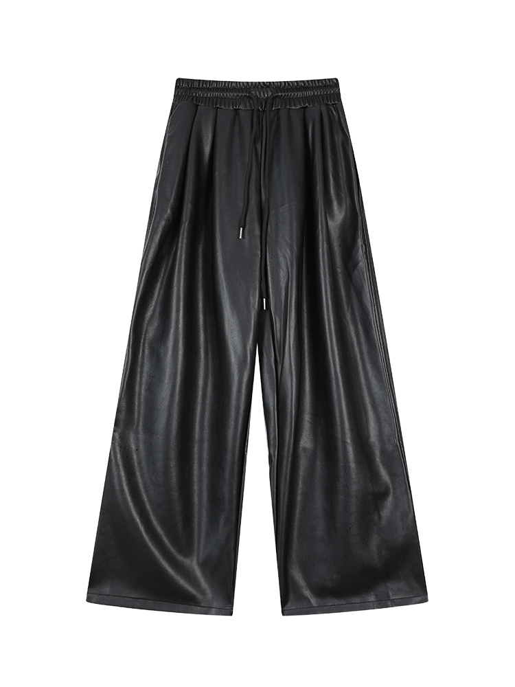 Korean Style Black PU Leather Drawstring Wide-Leg Pants for Women - Casual Floor-Length Draping Trousers for Autumn & Winter Korean Style Black PU Leather Drawstring Wide-Leg Pants for Women - Casual Floor-Length Draping Trousers for Autumn & Winter