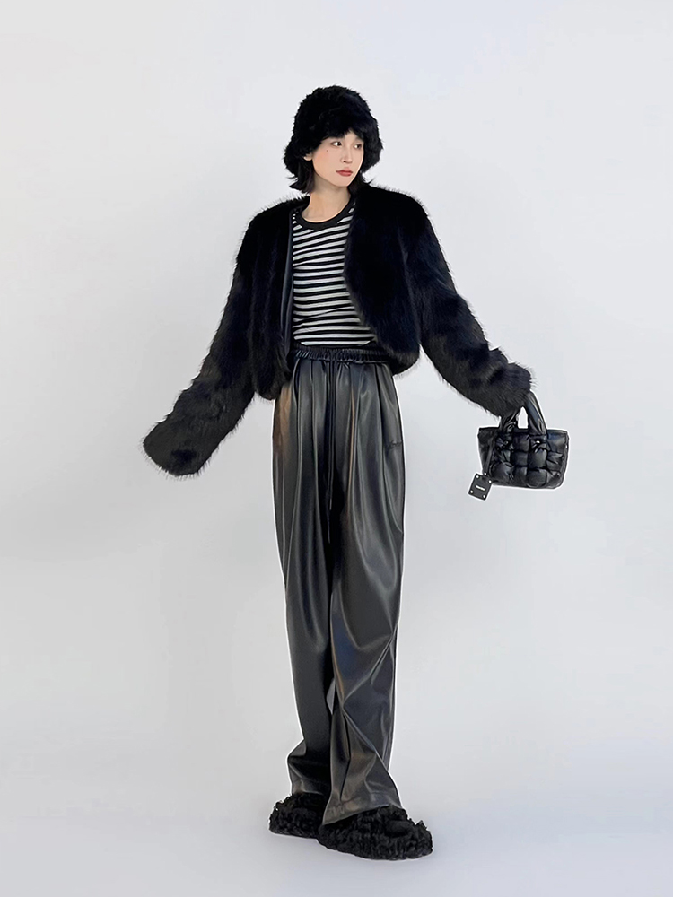 Korean Style Black PU Leather Drawstring Wide-Leg Pants for Women - Casual Floor-Length Draping Trousers for Autumn & Winter Korean Style Black PU Leather Drawstring Wide-Leg Pants for Women - Casual Floor-Length Draping Trousers for Autumn & Winter