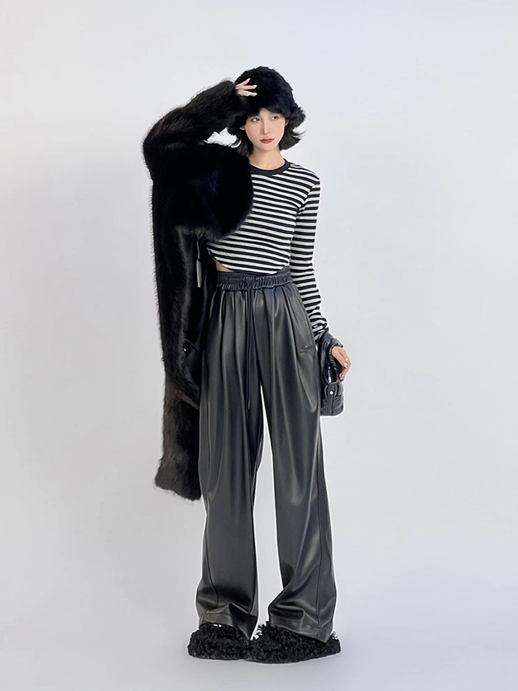 Korean Style Black PU Leather Drawstring Wide-Leg Pants for Women - Casual Floor-Length Draping Trousers for Autumn & Winter