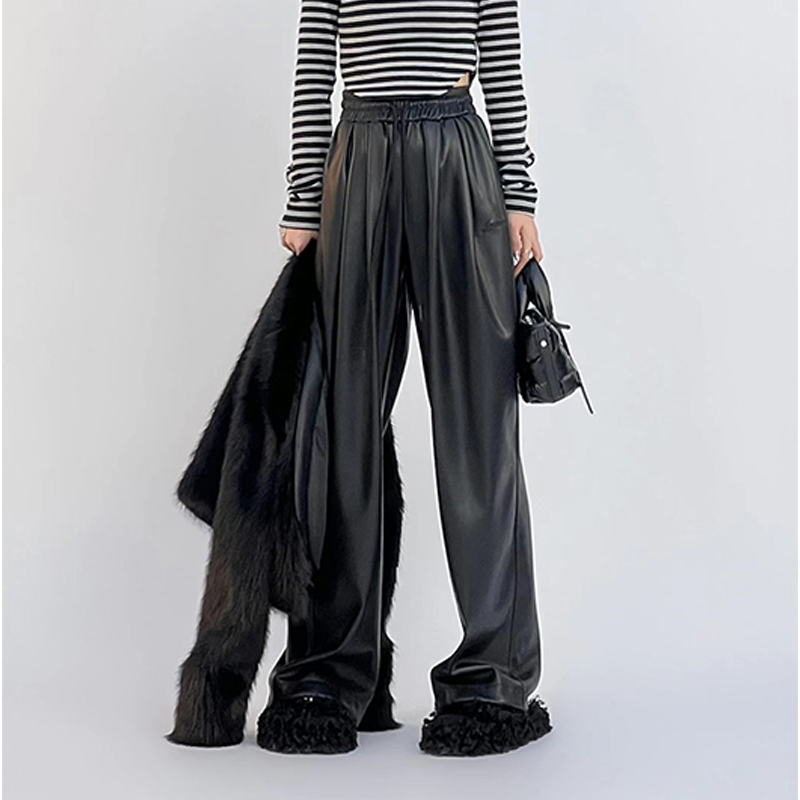 Korean Style Black PU Leather Drawstring Wide-Leg Pants for Women - Casual Floor-Length Draping Trousers for Autumn & Winter