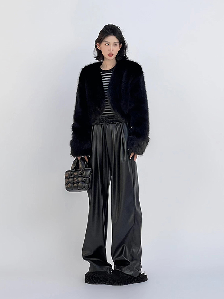 Korean Style Black PU Leather Drawstring Wide-Leg Pants for Women - Casual Floor-Length Draping Trousers for Autumn & Winter Korean Style Black PU Leather Drawstring Wide-Leg Pants for Women - Casual Floor-Length Draping Trousers for Autumn & Winter