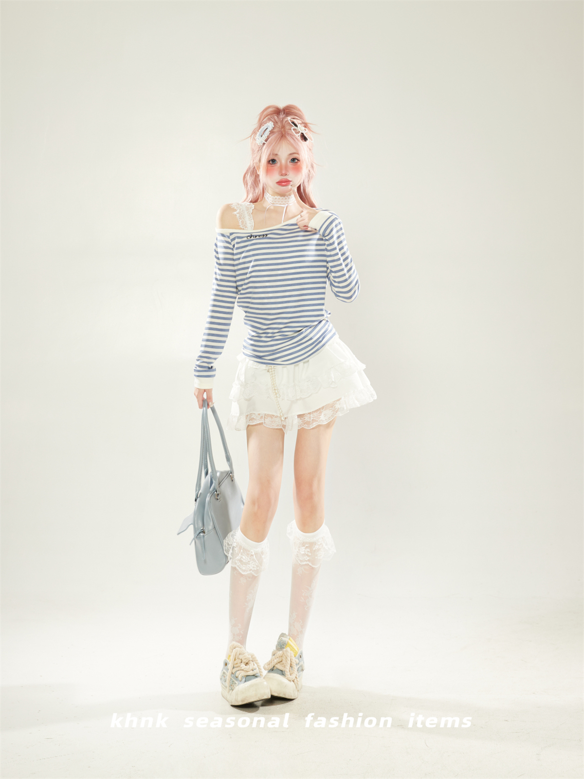 Korean-Style Blue Striped Off-Shoulder Long Sleeve T-Shirt for Women - Slim Fit Spring Top, Flattering Diagonal Design for Petite Sizes Korean-Style Blue Striped Off-Shoulder Long Sleeve T-Shirt for Women - Slim Fit Spring Top, Flattering Diagonal Design for Petite Sizes