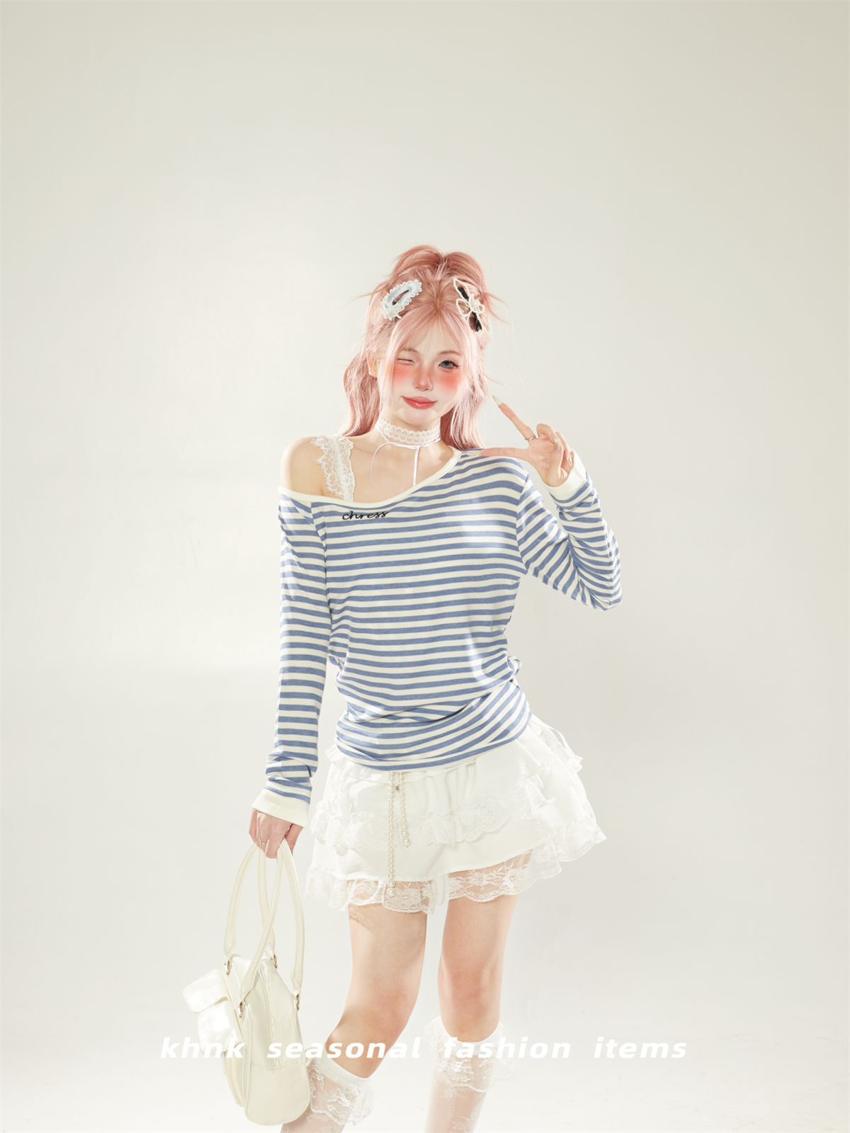 Korean-Style Blue Striped Off-Shoulder Long Sleeve T-Shirt for Women - Slim Fit Spring Top, Flattering Diagonal Design for Petite Sizes