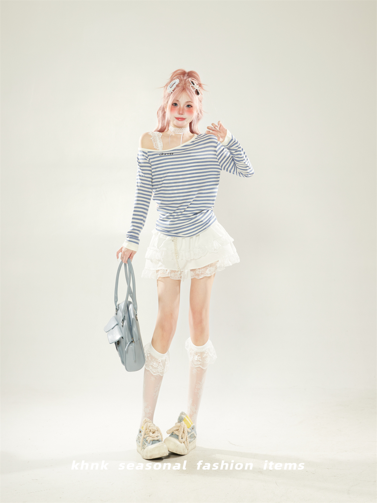 Korean-Style Blue Striped Off-Shoulder Long Sleeve T-Shirt for Women - Slim Fit Spring Top, Flattering Diagonal Design for Petite Sizes Korean-Style Blue Striped Off-Shoulder Long Sleeve T-Shirt for Women - Slim Fit Spring Top, Flattering Diagonal Design for Petite Sizes