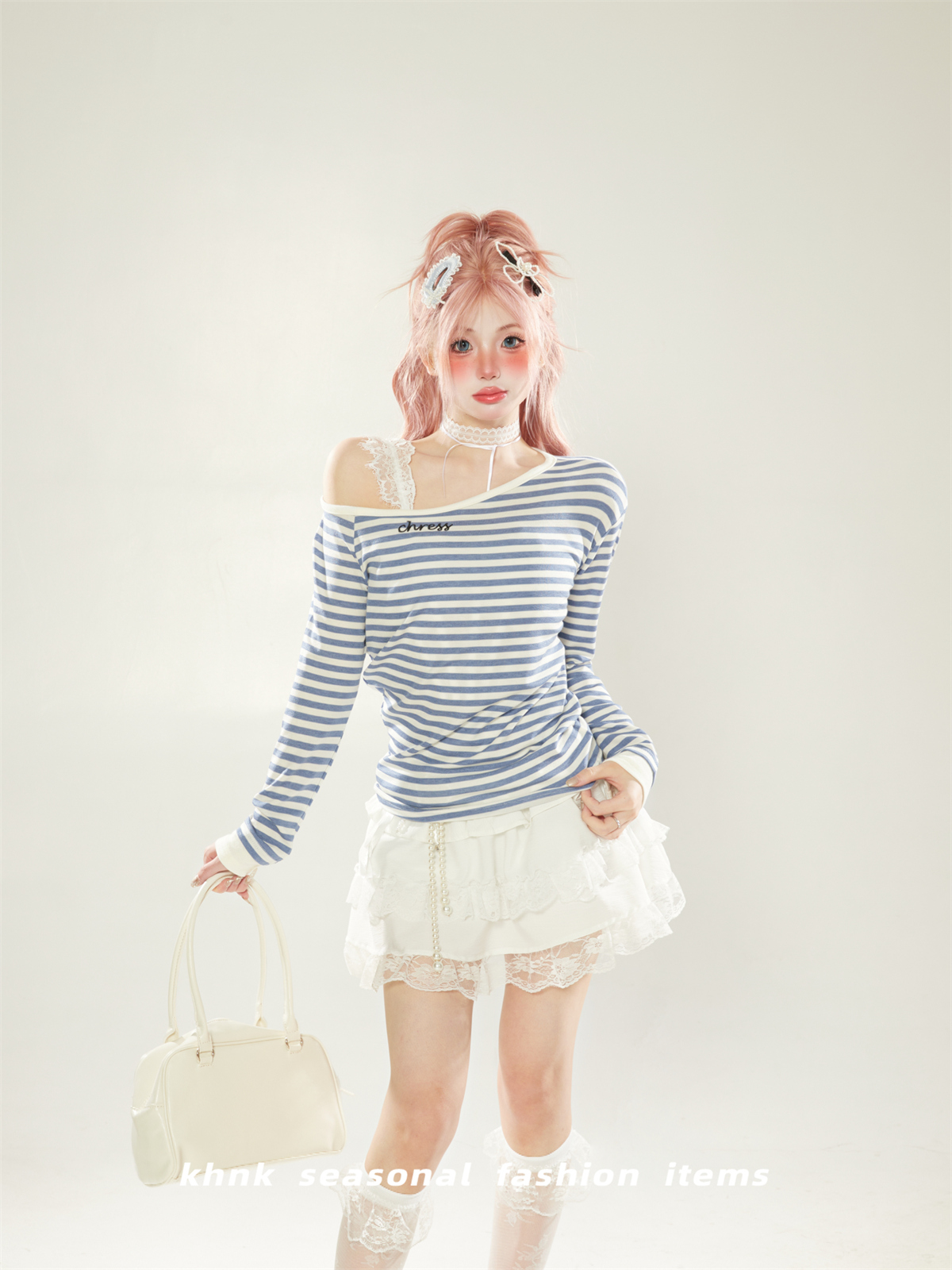 Korean-Style Blue Striped Off-Shoulder Long Sleeve T-Shirt for Women - Slim Fit Spring Top, Flattering Diagonal Design for Petite Sizes